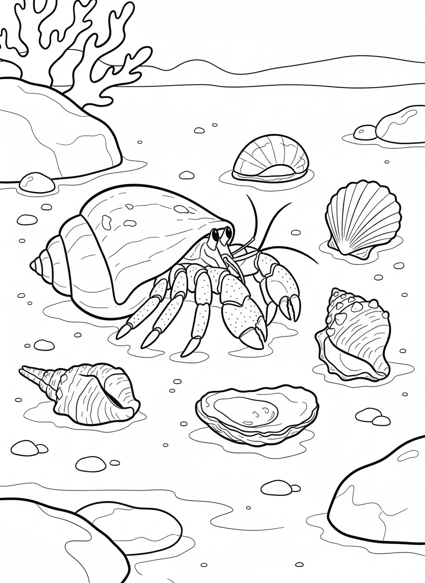 A hermit crab trying on different empty seashells, with several shell options displayed around it on the ocean floor.