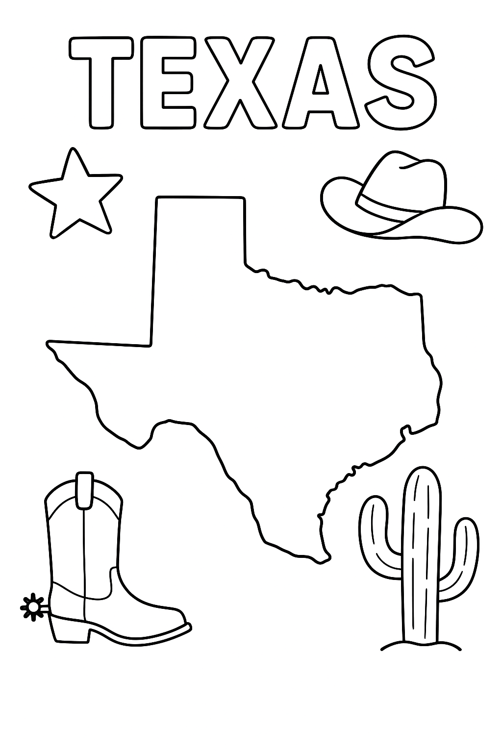 Write “Texas” once at the top in outlined letters. Create a large, centered outline of the state. Add one star, one cowboy boot, one cactus, and one hat in corners.