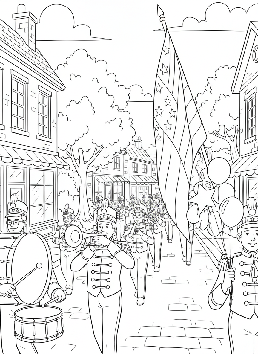 A patriotic parade scene with marching band members carrying instruments, balloons, and banners down a small town street.