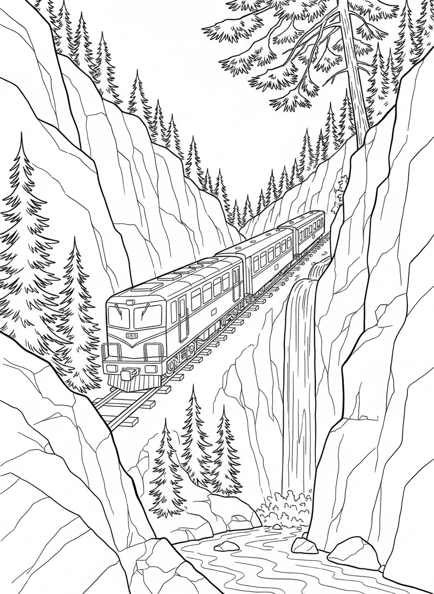 A scenic mountain railway train climbing up a steep incline, with pine trees, rocky cliffs, and a waterfall nearby.