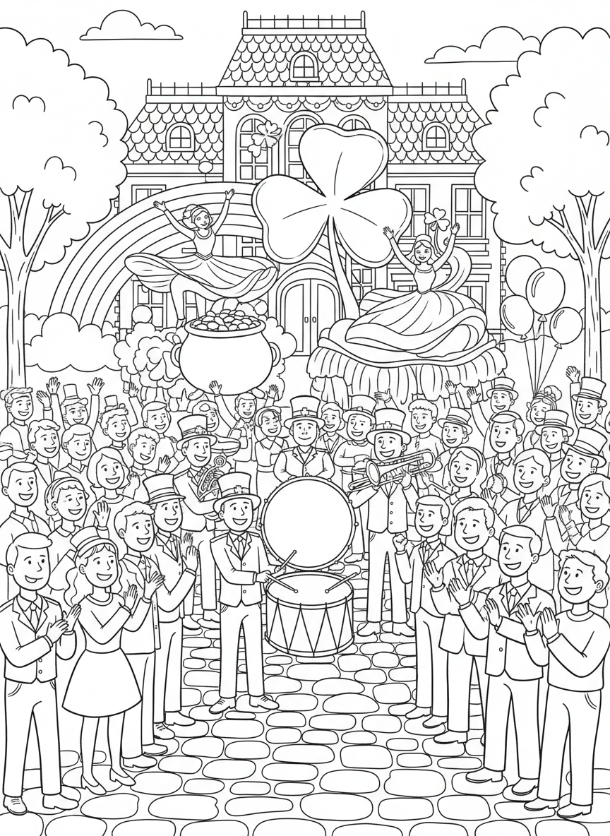 Saint Patrick Parade coloring page prompts featuring marching bands, festive floats, green costumes, and lively crowds.	Dancers performing along the route, colorful costumes moving gracefully as the crowd applauds.