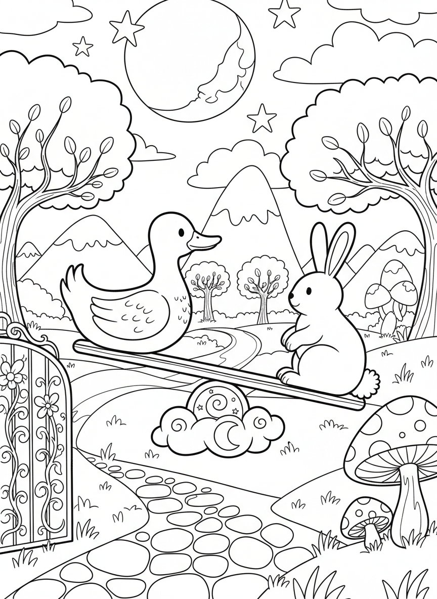 A teeter-totter with animal shapes on each end like a duck and rabbit, whimsical design