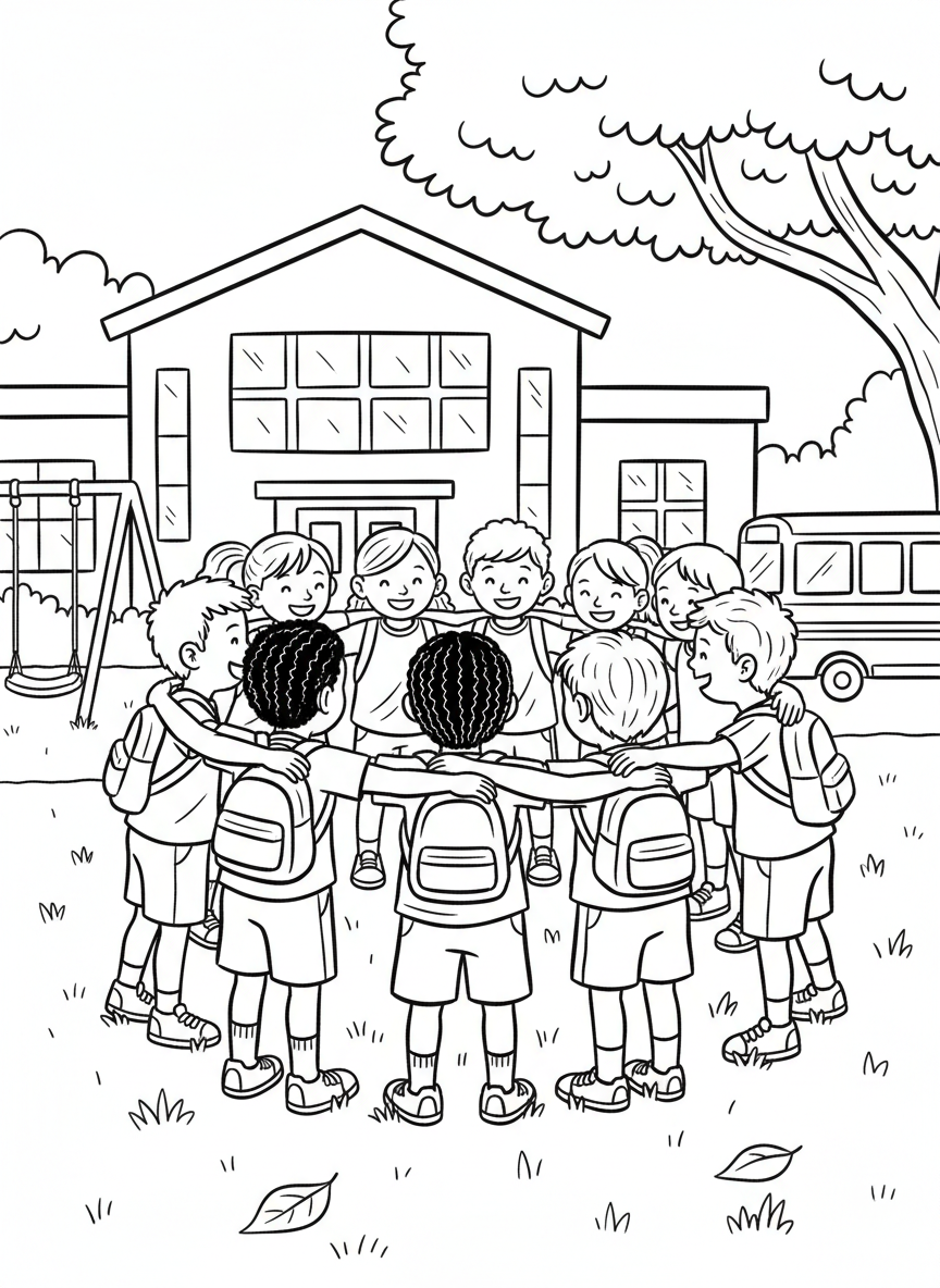Children forming a group hug in a circle on the school lawn, celebrating friendship and the end of the year