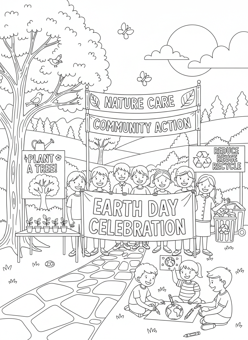 Earth Day coloring page prompts celebrating environmental awareness, nature care, and community action.	A community gathering celebrating Earth Day with banners and educational booths.