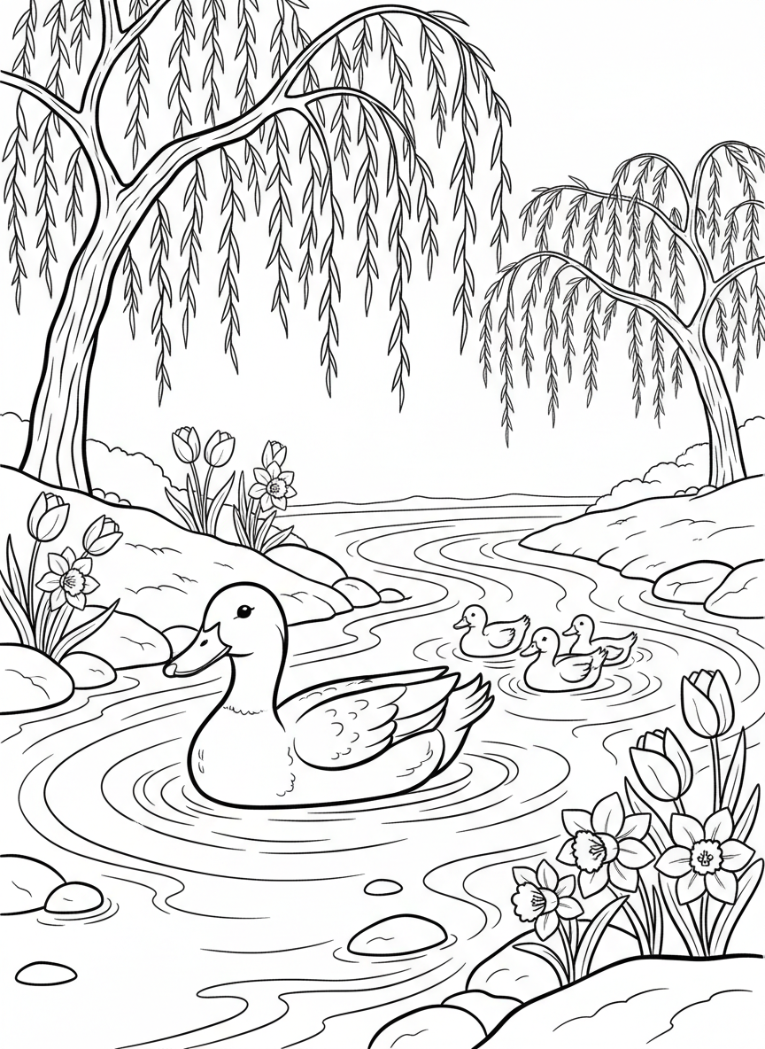 A family of ducks swimming in a stream with willow trees and spring flowers along the banks.