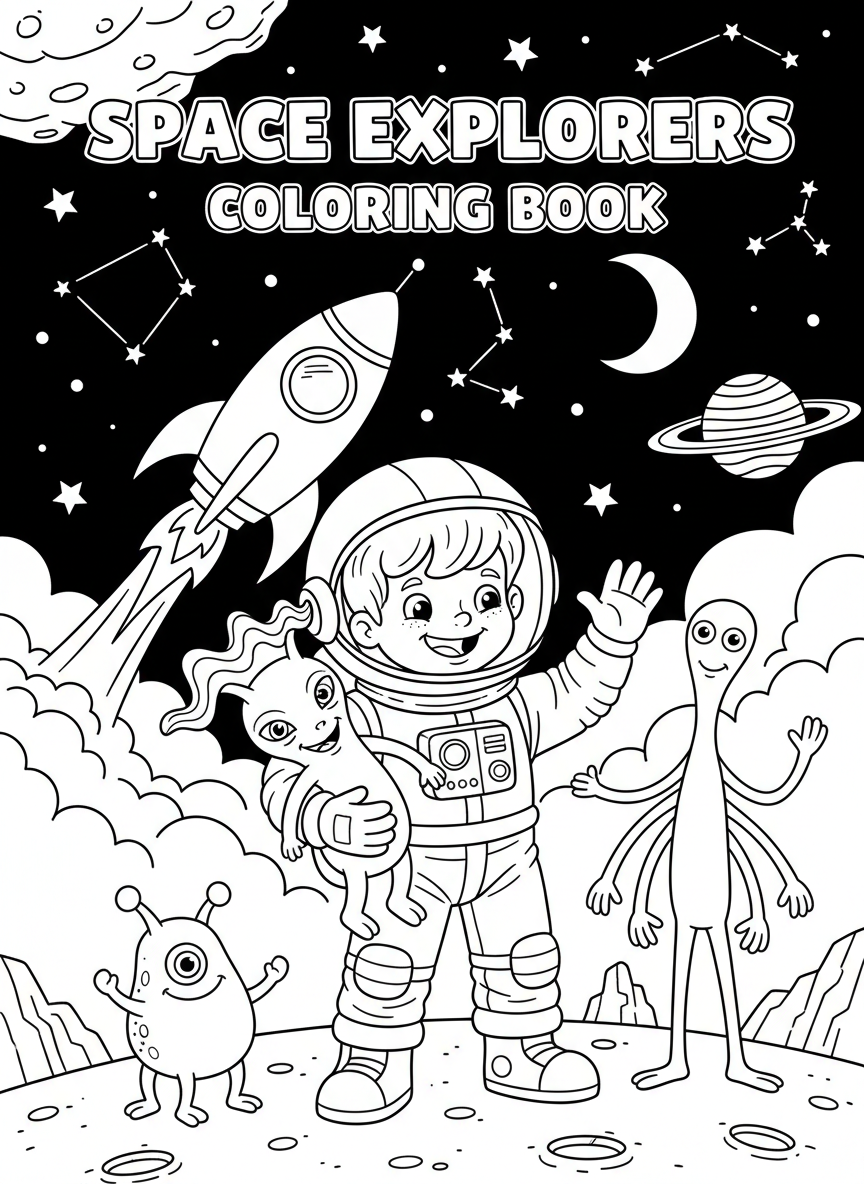Space explorers coloring book cover, full-color illustration with a kid astronaut, friendly aliens, and a cartoon rocket against a starry sky. Title-safe area at top.