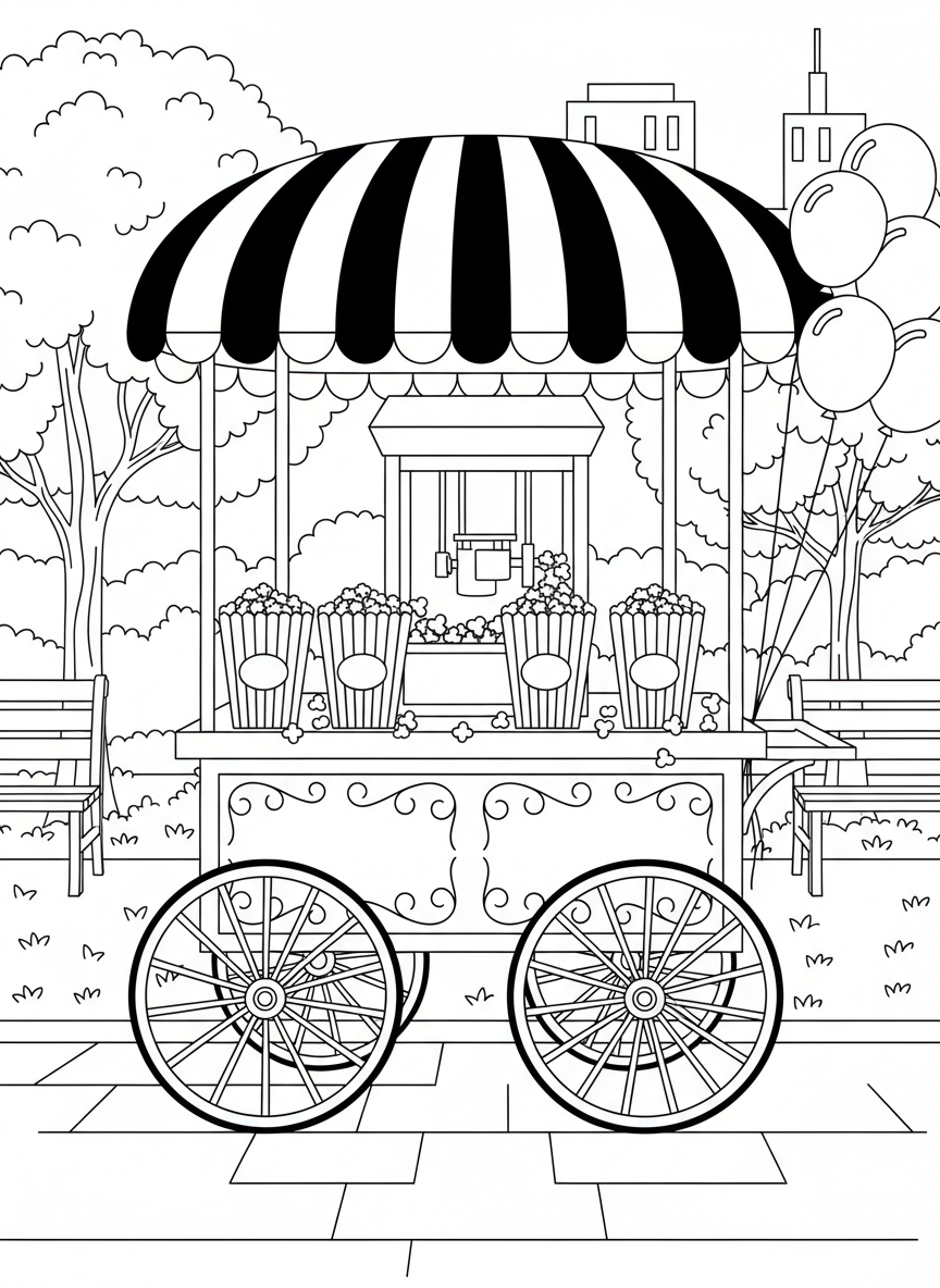 A popcorn cart at a park with a striped canopy, overflowing popcorn boxes, and balloons tied to the handles.
