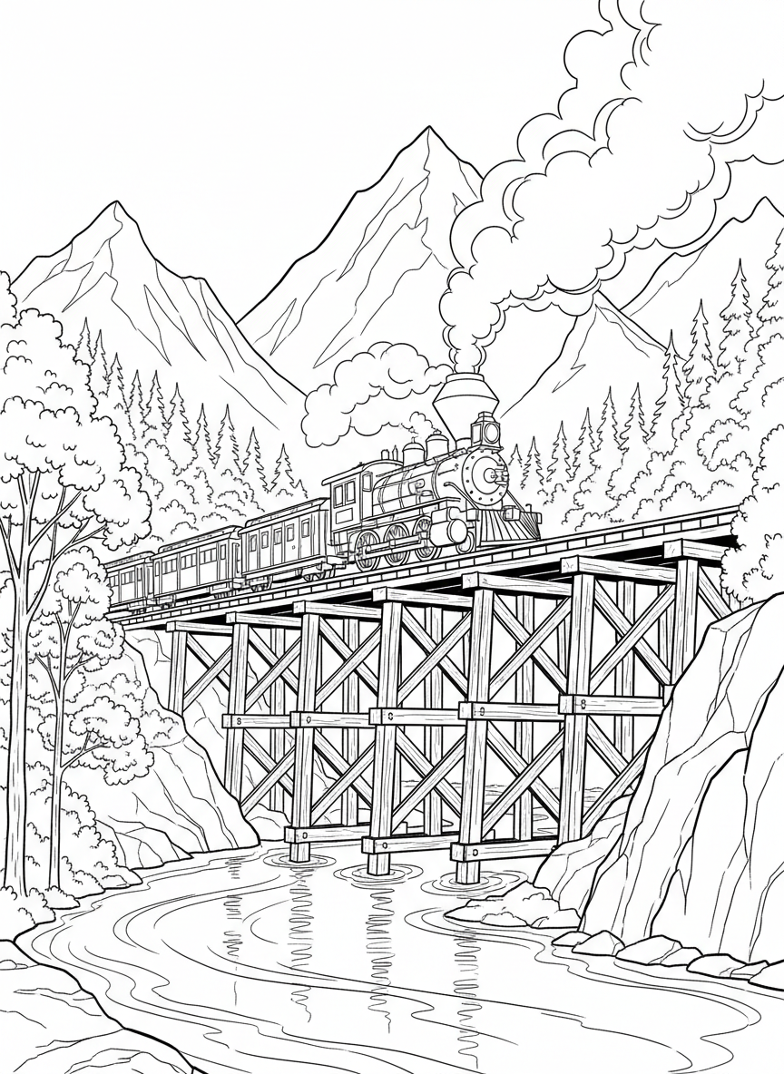 A vintage steam engine crossing a tall wooden trestle bridge over a river, with trees and mountains visible in the distance.
