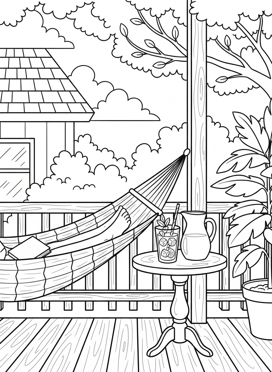 Labor Day coloring page prompts celebrating the close of summer, long-weekend relaxation, outdoor gatherings, and community spirit.	A quiet front porch scene with iced tea on a small table and a hammock swaying as the holiday weekend slows into rest.