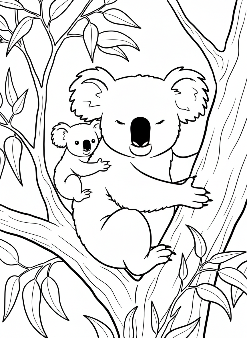 A koala mother with a baby koala clinging to her back, both sitting in a tree fork surrounded by eucalyptus leaves.