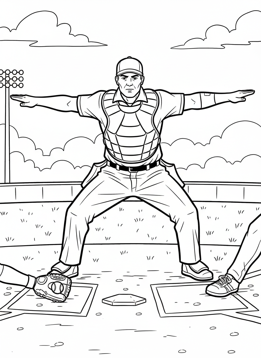 An umpire making a safe call with arms spread wide, wearing traditional umpire uniform and chest protector, clear gesture for coloring.