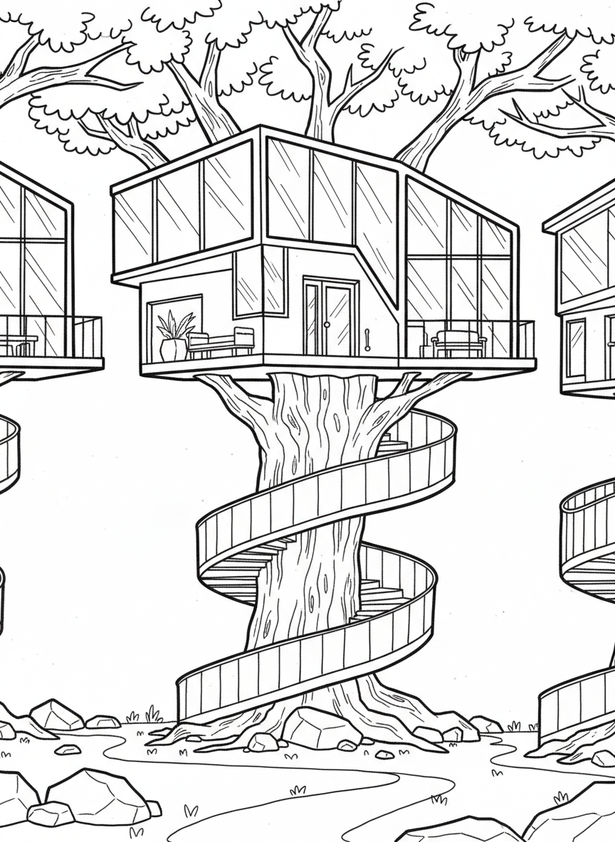 A modern geometric treehouse with angular walls, large windows, and a spiral staircase wrapping around the tree trunk.