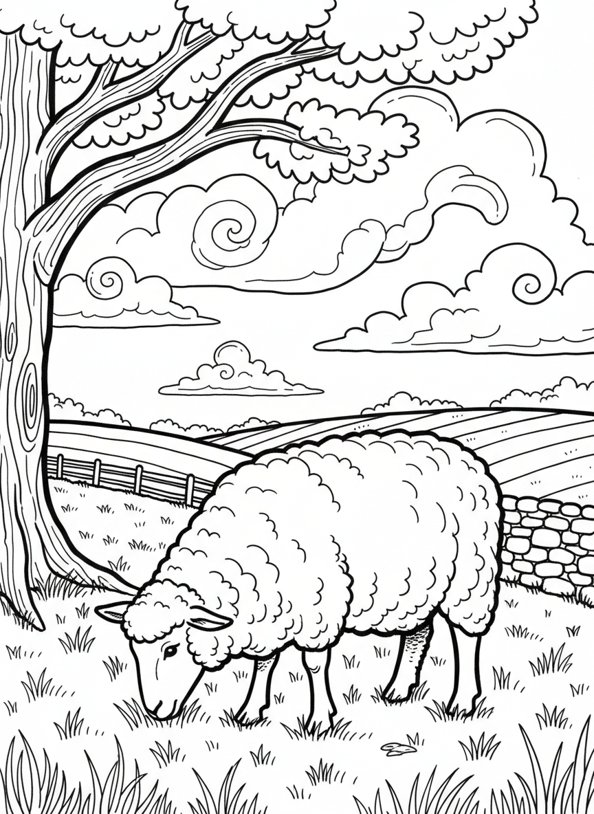 A fluffy sheep grazing on a hillside with rolling green pastures and clouds in the sky.