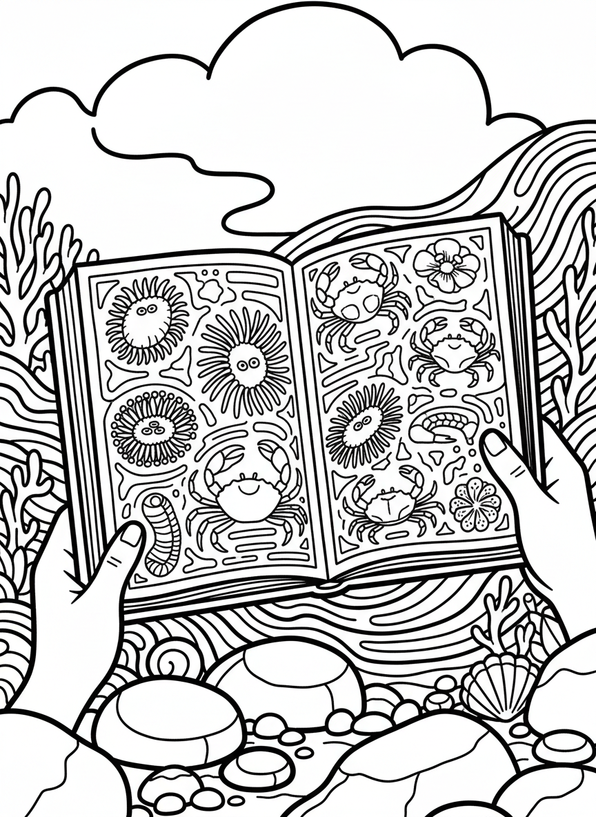 Close-up view of hands holding an open field guide book showing pictures of sea anemones and crabs, detailed pages visible