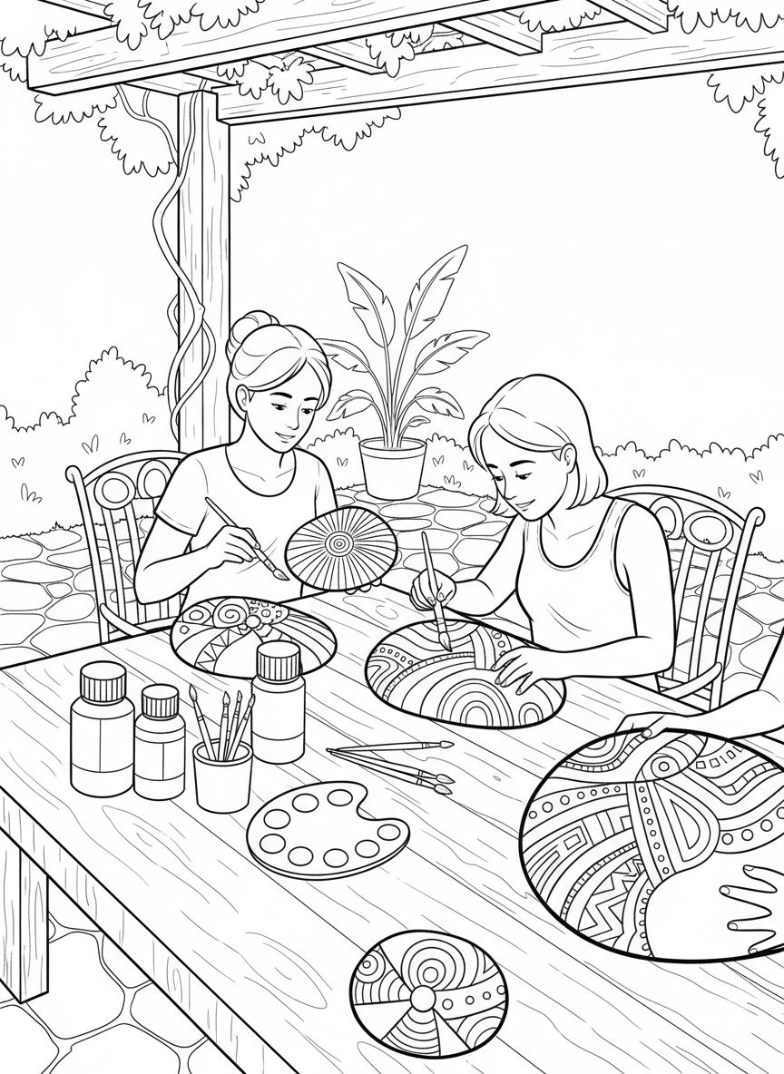 Two friends painting rocks with bright designs and patterns, sitting at an outdoor patio table with paint bottles and brushes.