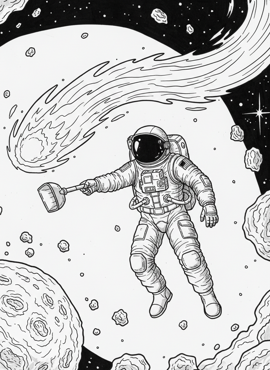 An astronaut floating near a comet with a long tail, reaching out to collect samples with scientific equipment