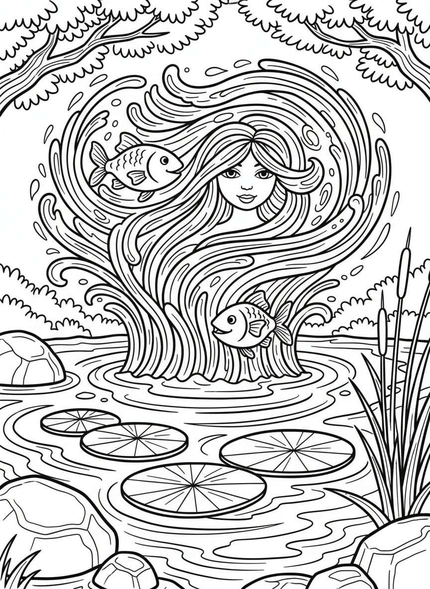 A water sprite emerging from a pond with lily pads, long flowing hair made of water, and fish friends swimming nearby.