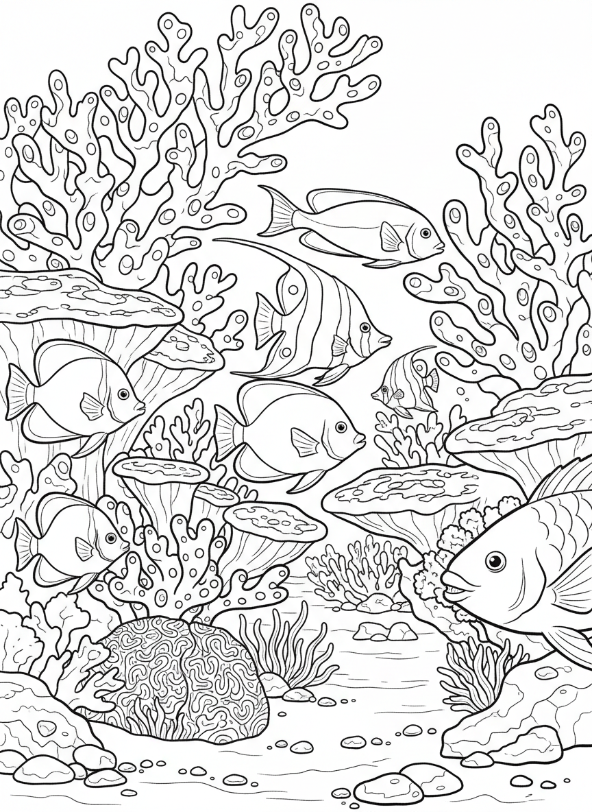 A busy reef scene with angelfish, butterflyfish, and parrotfish swimming among staghorn and table corals