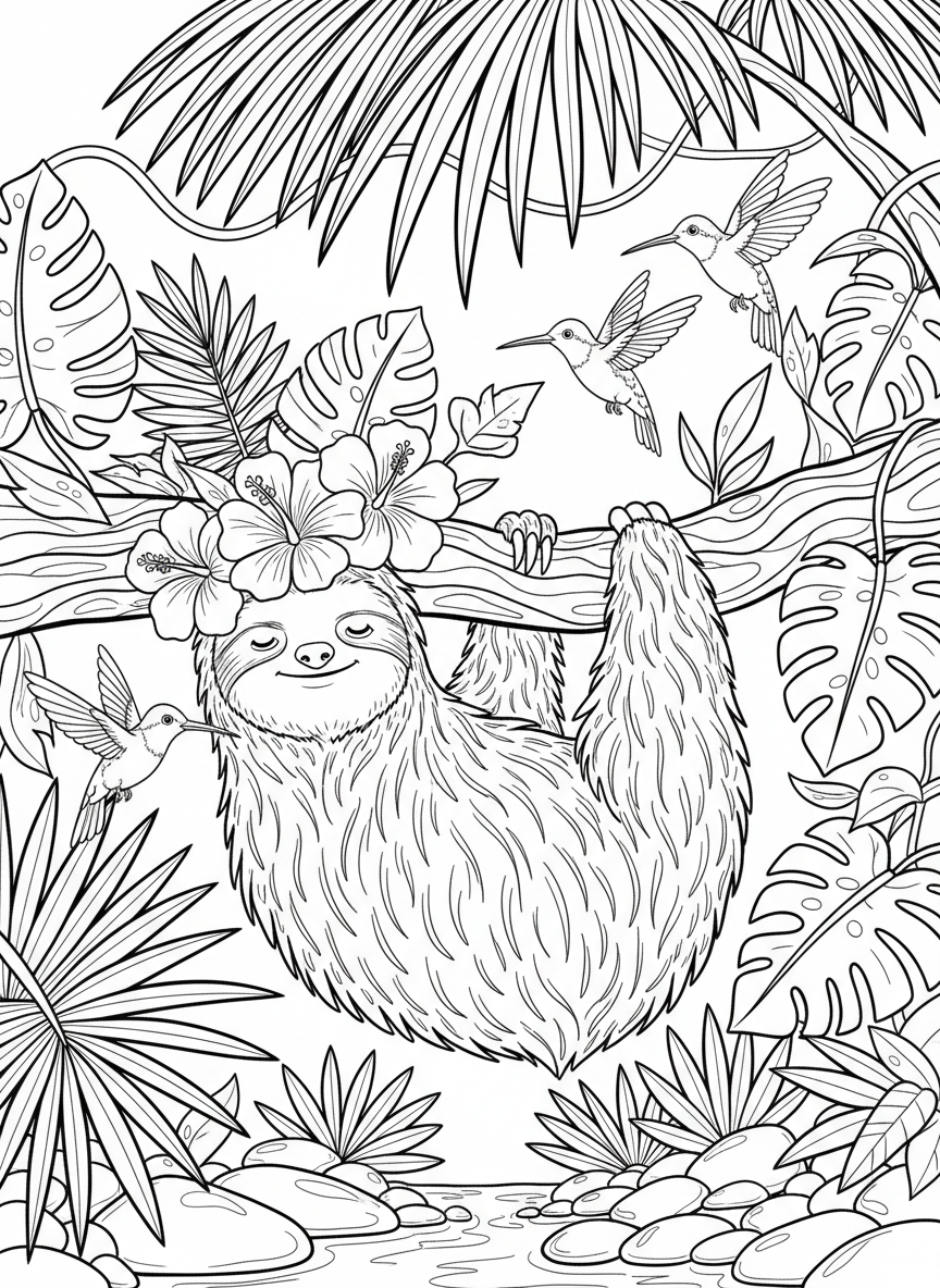 A sloth with a flower crown made of tropical blooms, hanging peacefully from a branch with hummingbirds nearby