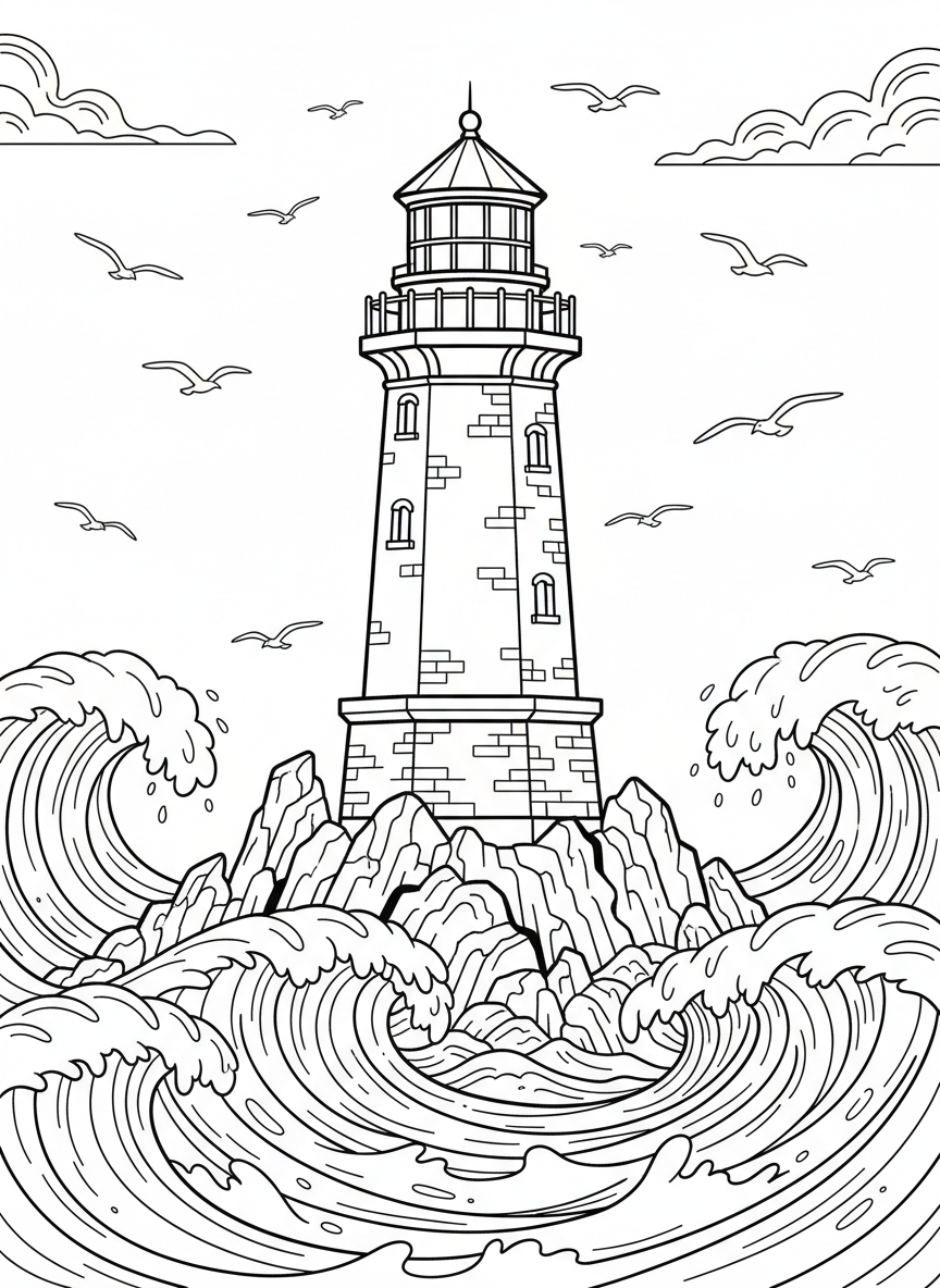 A lighthouse in the middle of the ocean on a tiny island, surrounded by circling seagulls and rolling waves