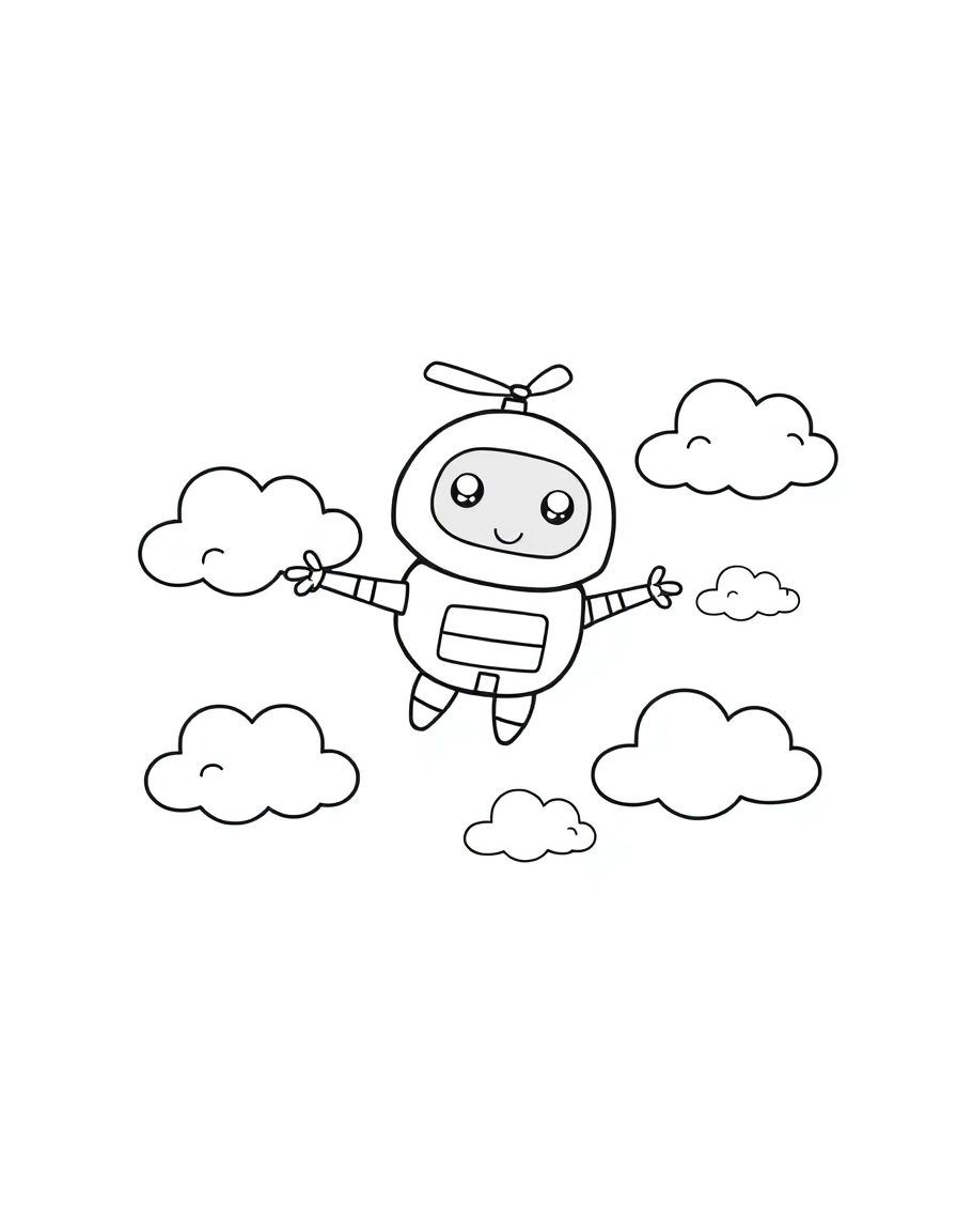 A small, spherical happy robot with a single propeller on its head, flying joyfully through fluffy, simple clouds. The drawing is a minimalist black and white vector with bold outlines, capturing a sense of fun and motion.