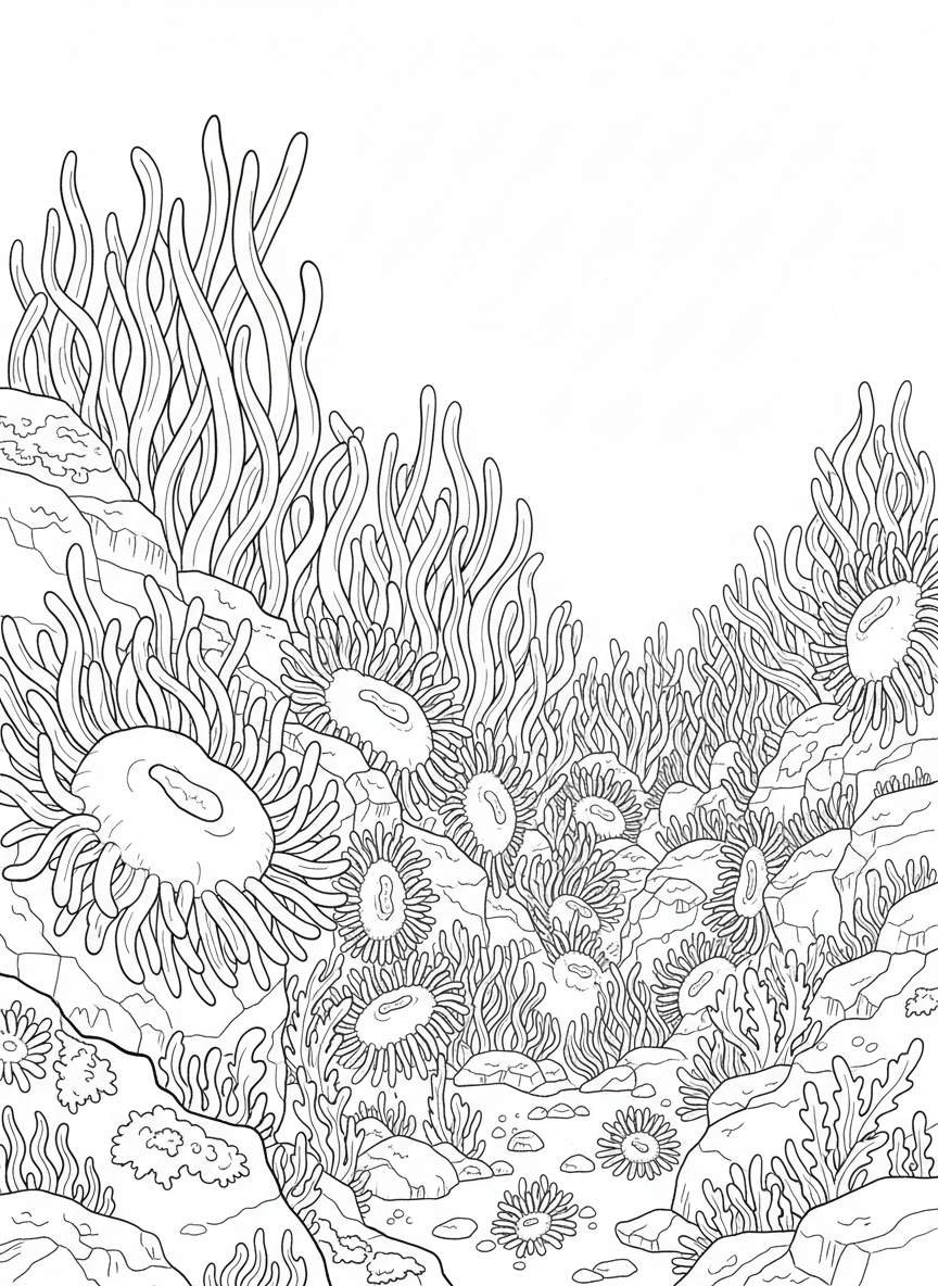 A sea anemone garden with multiple anemones of different sizes on rocks, their tentacles creating a wavy underwater forest scene.