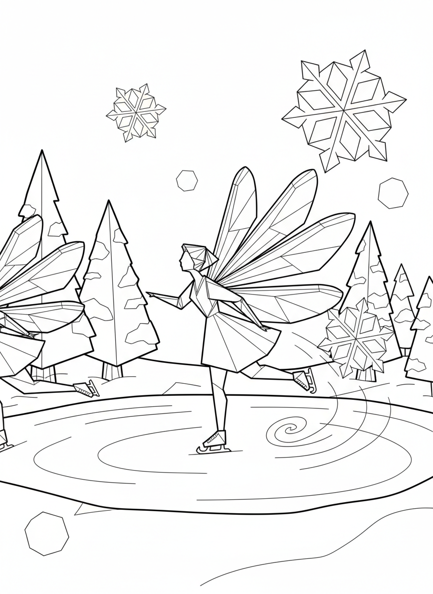 An origami fairy with dragonfly wings ice skating on a frozen pond, surrounded by paper-folded winter trees and snowflakes