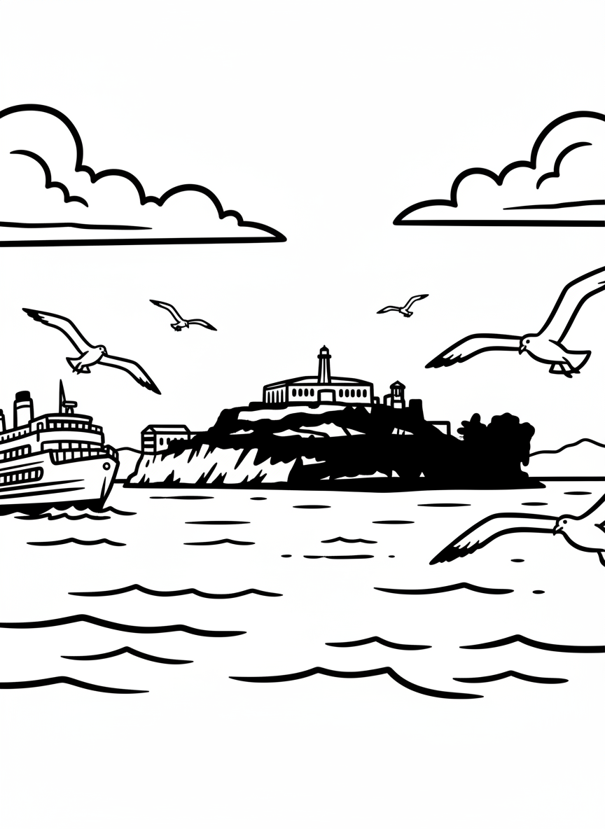Alcatraz Island in the bay with a ferry boat approaching and seagulls circling above, simple island silhouette line art.