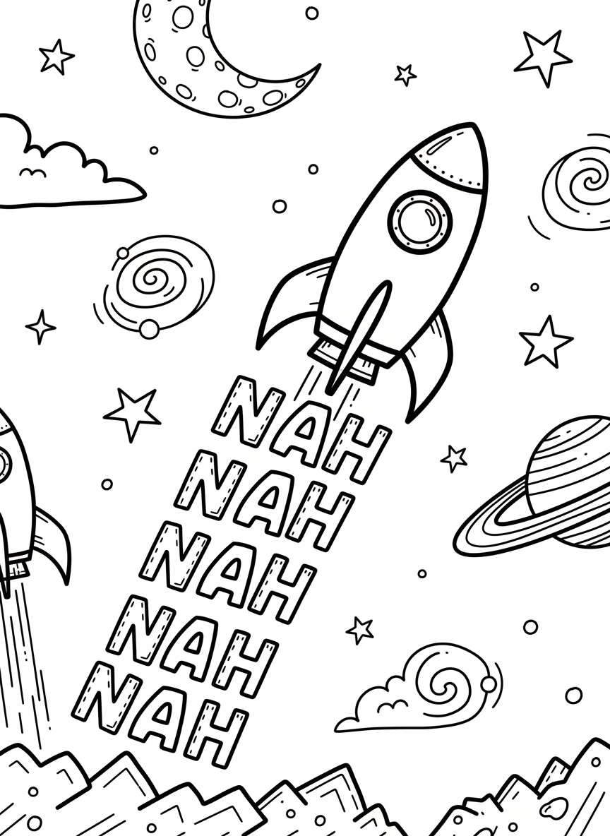 A cute rocket ship flying through stars with three tracing rows below showing the name 'NOAH' in dashed letters, line art style