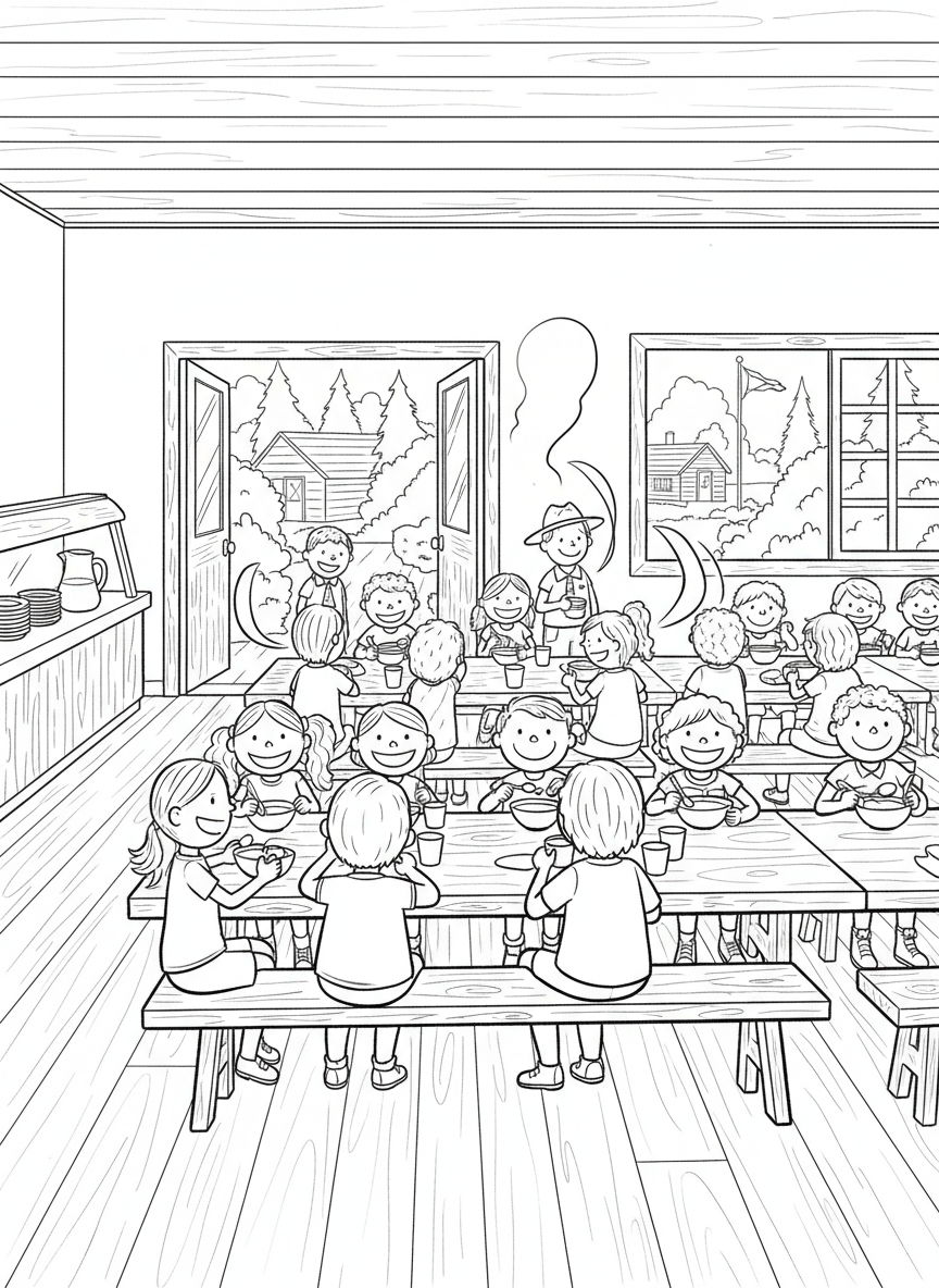 Summer Camp coloring page prompts capturing outdoor fun, friendships, cabins, and memorable childhood adventures.	A dining hall scene with long tables, chatter echoing as campers share meals together.