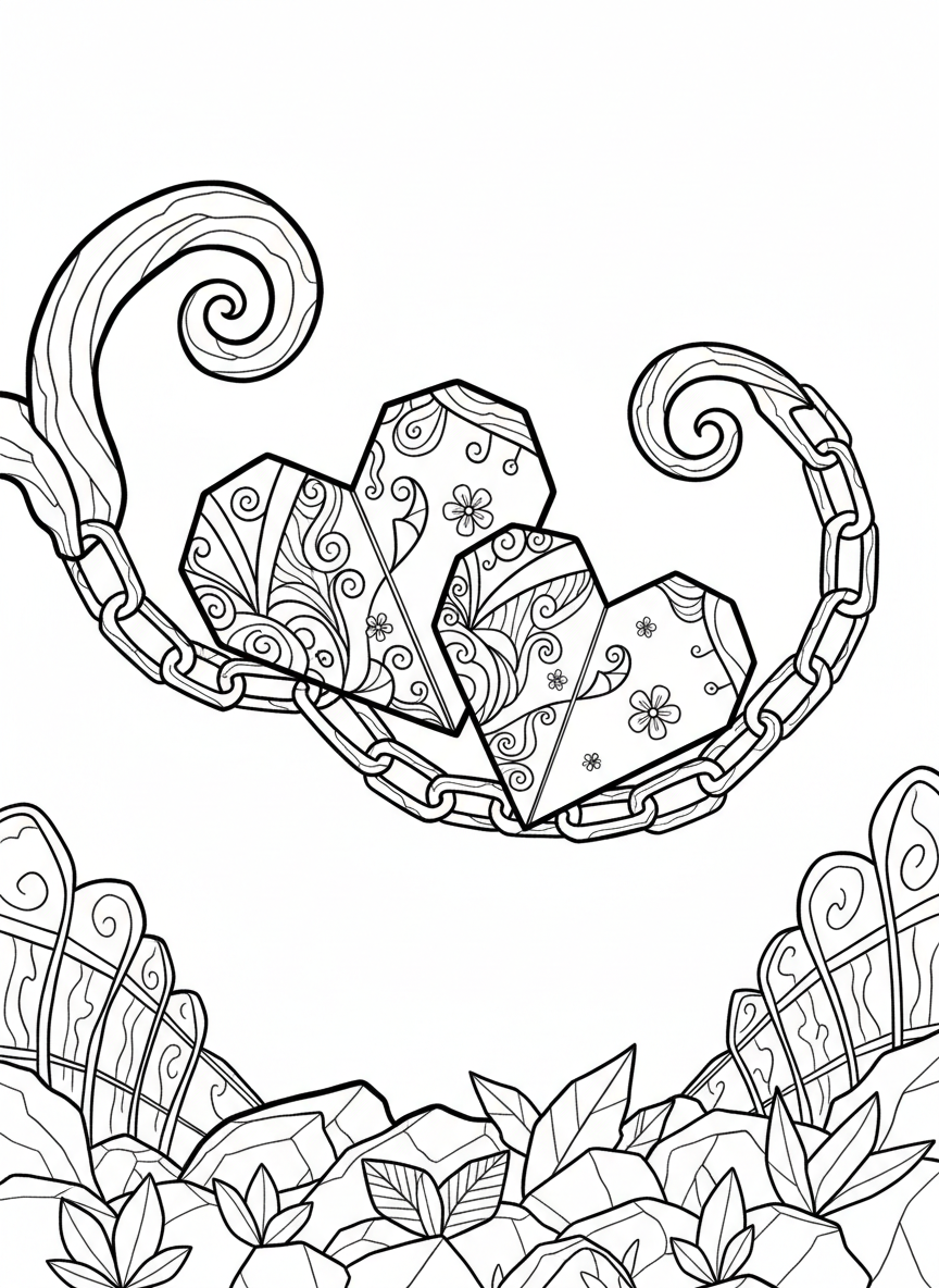 Two origami hearts connected by a paper chain, with decorative swirls and small flowers drawn on their surfaces.