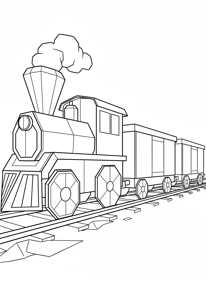 An origami train engine with rectangular cars, geometric wheels, and angular smokestack on simple track lines