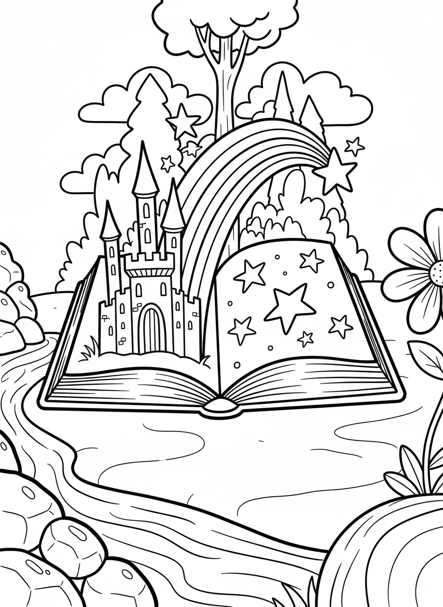 A simple open book with illustrated pages showing a castle, rainbow, and stars emerging from the pages in 3D.