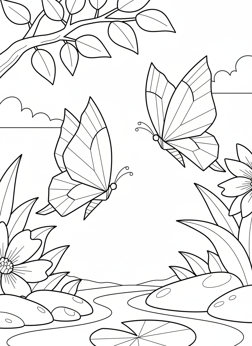 Two origami butterflies dancing together in mid-flight, showing different wing positions and angles