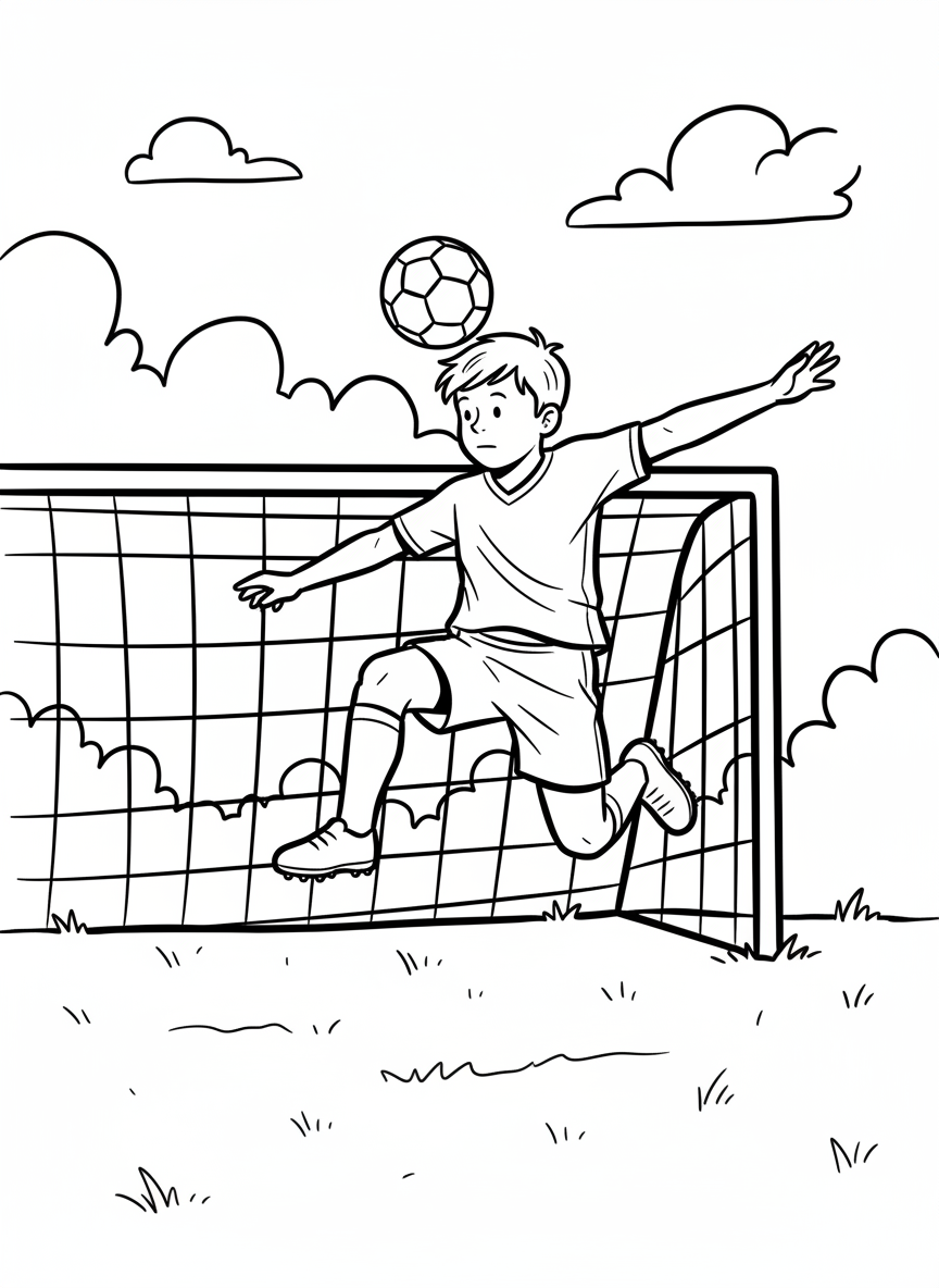 A child doing a header move with a soccer ball above their head, athletic jumping pose
