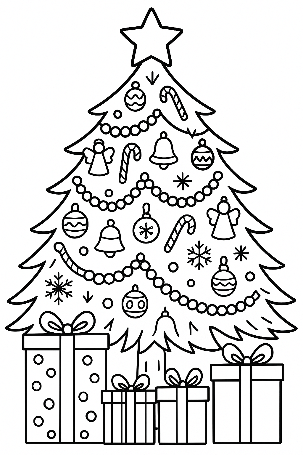 Coloring page: decorated Christmas tree with star, various ornament shapes (balls, candy canes, angels, bells, snowflakes), garland, presents underneath, thick black outlines, pattern variety for coloring, festive design