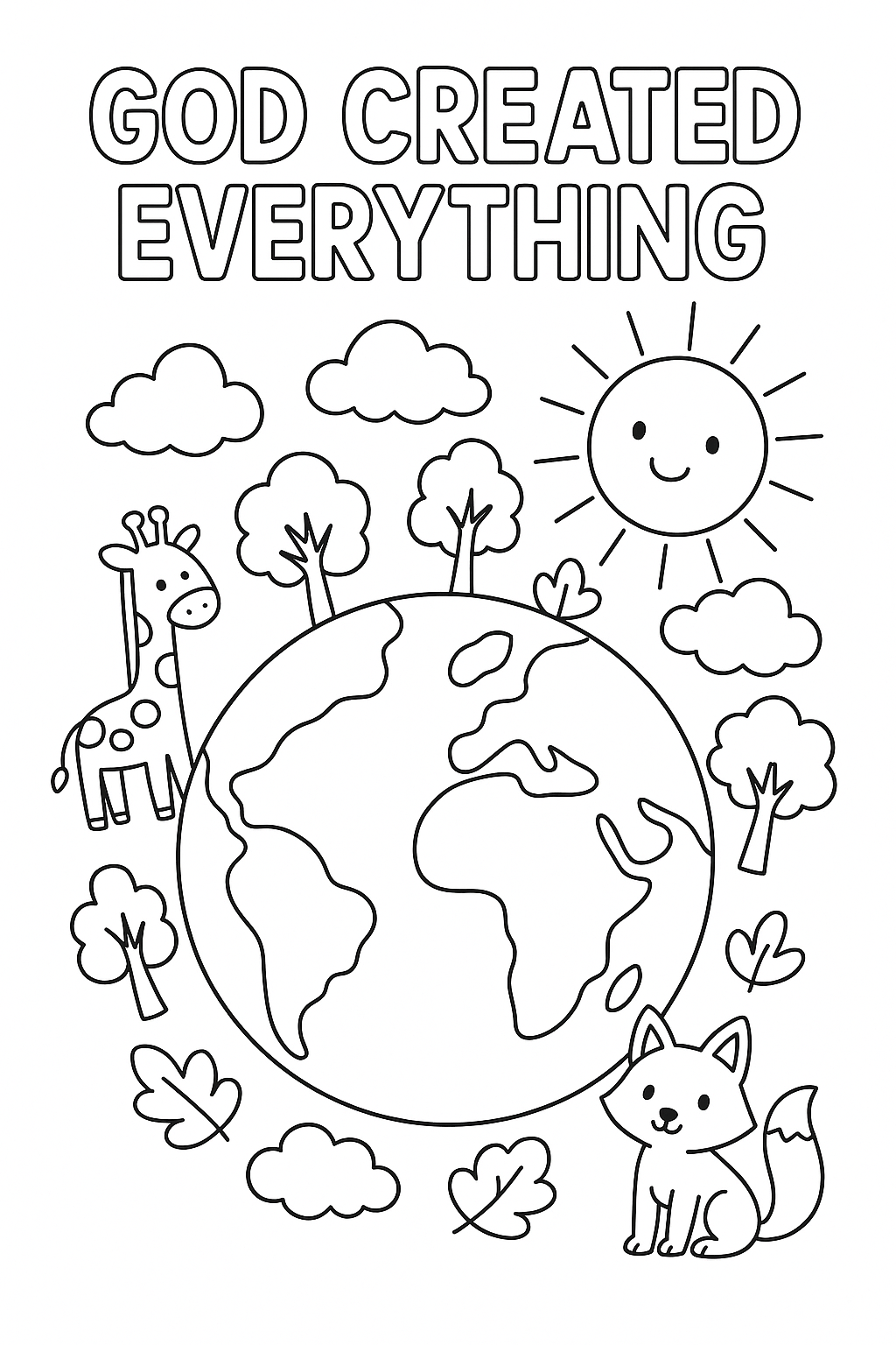 Create a bright Earth with sun, clouds, trees, and animals around it. Add the text “God created everything” in outlined letters at the top.