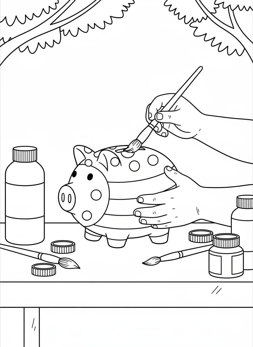 Close-up of small hands decorating a ceramic piggy bank with polka dots and stripes, with paint bottles and brushes nearby.