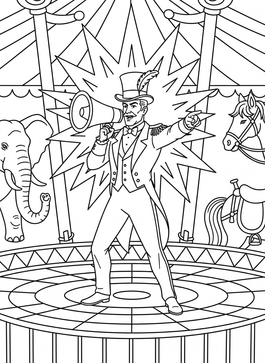 A circus ringmaster in a top hat and coat, holding a megaphone and standing in the center ring with stars around.