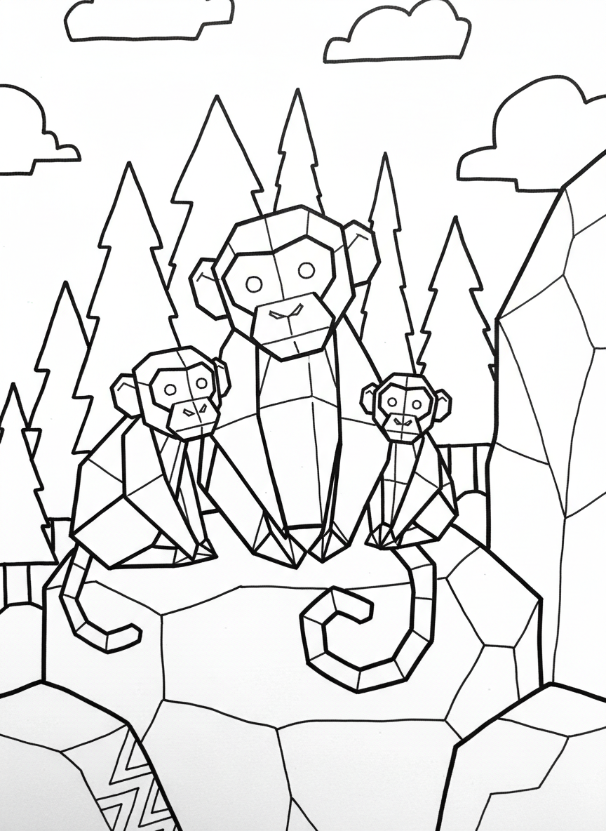 A family of three origami monkeys in different sizes, sitting together with geometric bodies and curled tails, simple scene.