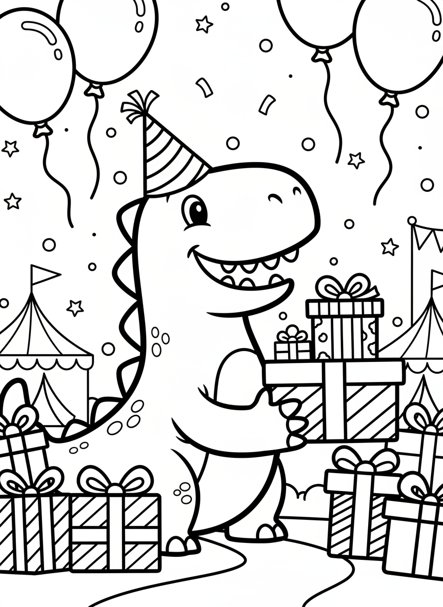 A friendly dinosaur wearing a party hat with presents and balloons, celebration theme