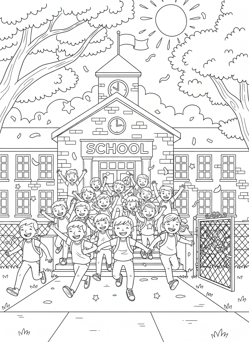 Last Day of School coloring page prompts capturing celebration, relief, nostalgia, and the start of summer freedom.	Students pouring out of a school building on the last day of school, backpacks light and smiles wide as summer freedom finally arrives.