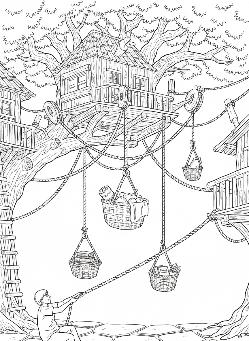 A detailed treehouse delivery scene showing a complex rope-and-pulley network with multiple baskets at different heights carrying various items.
