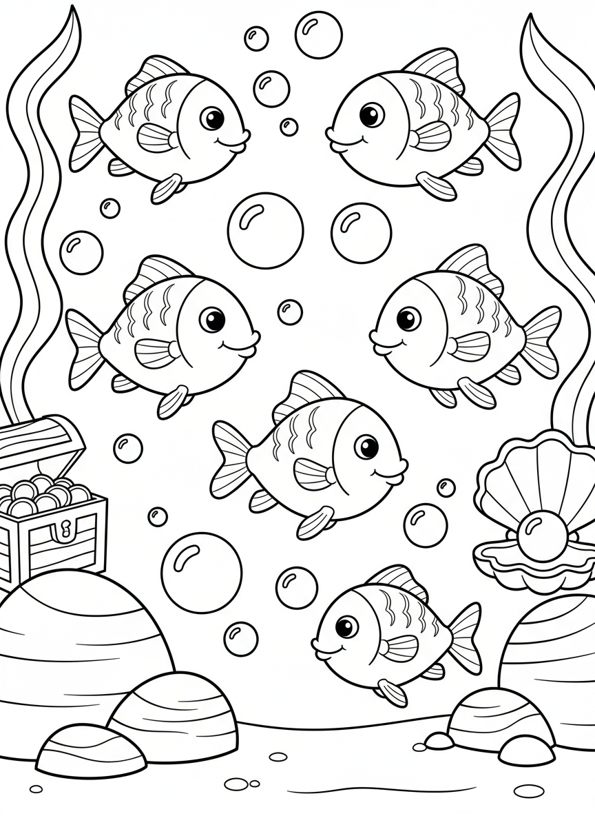 Coloring page showing exactly 5 happy fish swimming in different directions with bubbles, simple shapes perfect for young children to count and color.