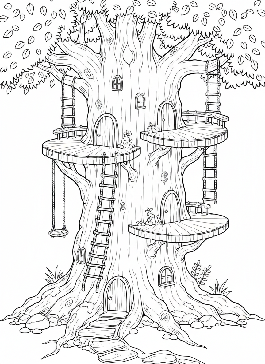 A fairy tree house with multiple levels connected by twig ladders, rope swings, and balconies made from bark pieces.