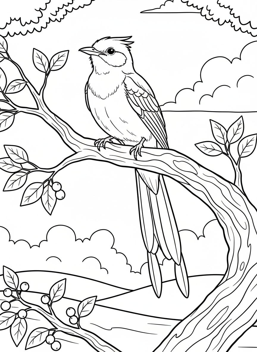 The Scissortail Flycatcher bird perched on a branch with its distinctive long tail feathers, Oklahoma state bird coloring page.