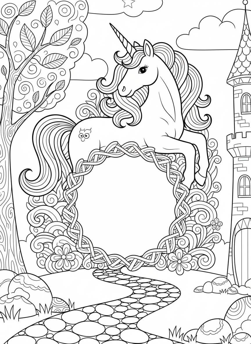 A unicorn picture frame with the unicorn forming an arch around the photo space, decorated with ribbon patterns