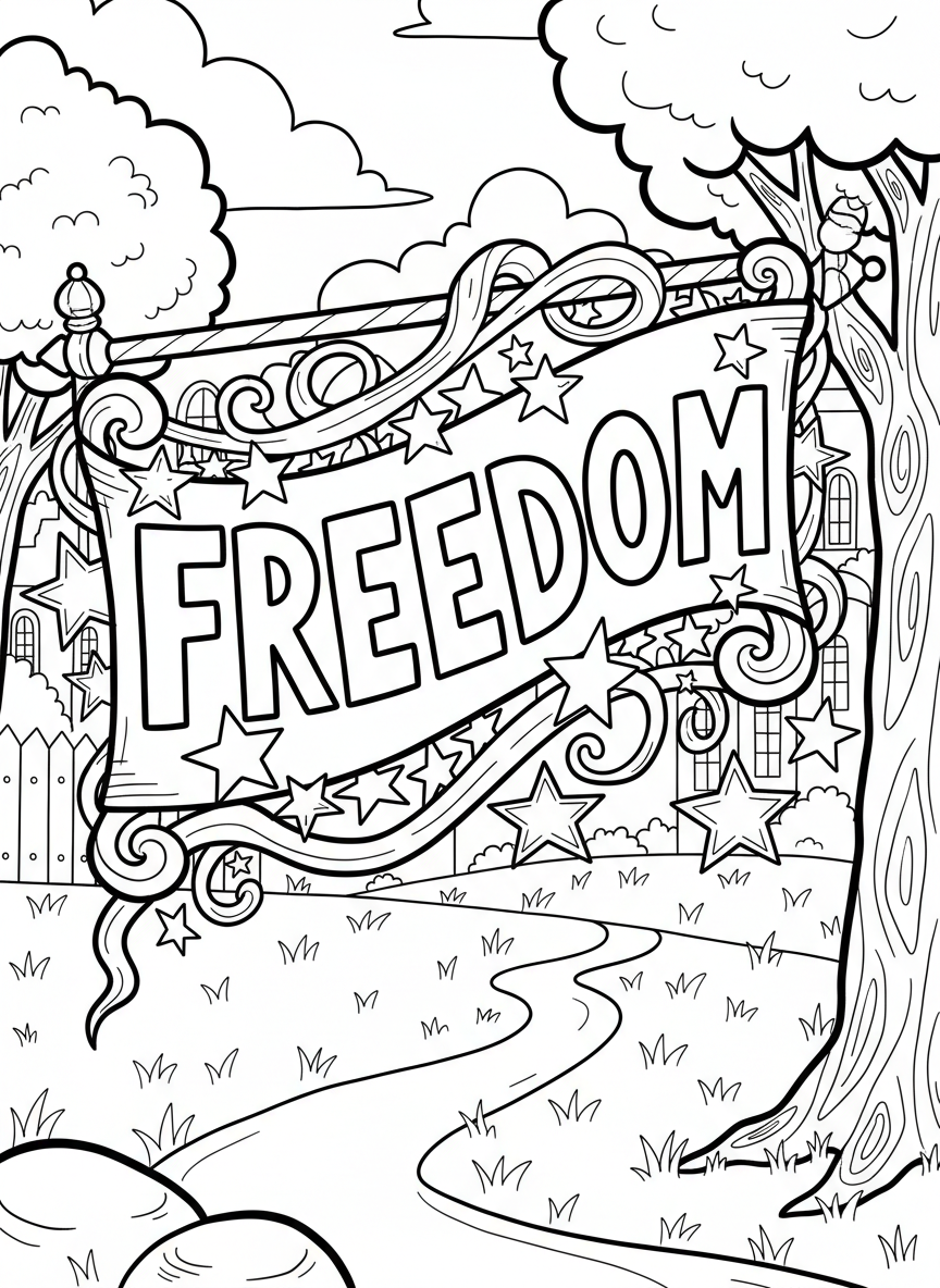 Simple Juneteenth banner with the word 'FREEDOM' in large block letters, decorated with stars and ribbons, easy to color for young children