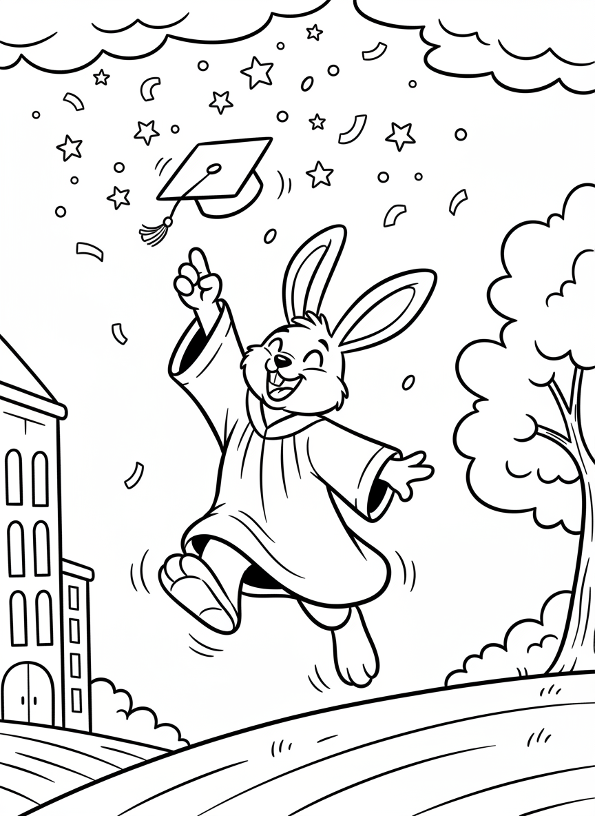 A happy bunny tossing a graduation cap high in the air with confetti and stars surrounding it, celebrating achievement.