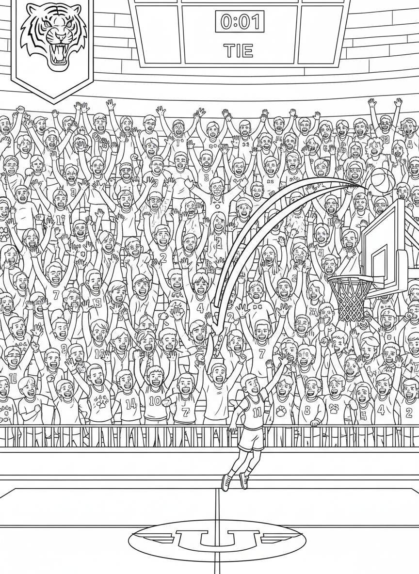 A packed college basketball arena pulsing with raw energy as students leap from their seats, faces painted in school colors, while a last-second shot arcs toward the hoop and the entire crowd waits in breathless anticipation.